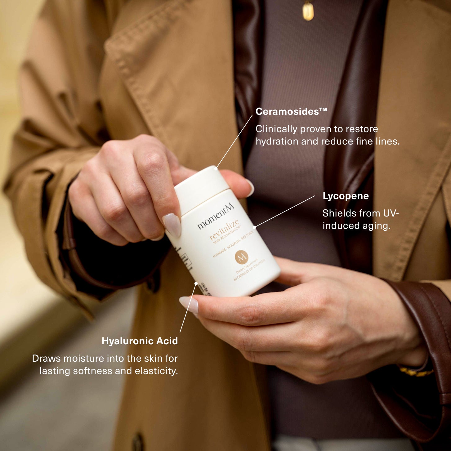 Woman holding a supplement product with text highlighting ingredients like Ceramides, Lycopene, and Hyaluronic Acid.