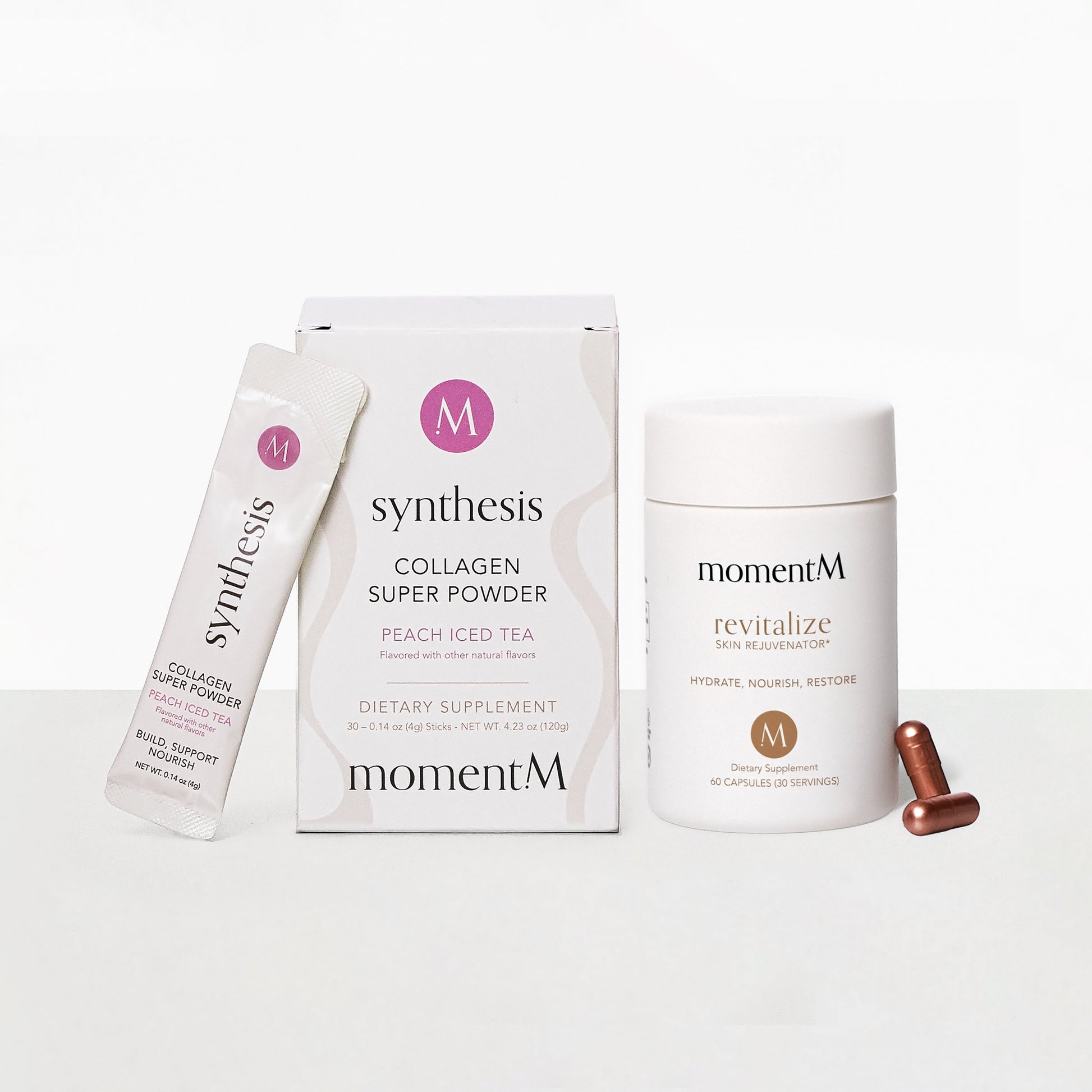 momentM collagen super powder packaging and supplement on a white background