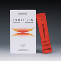 momentm Ignition supplement packaging with a white box and red sachet on a gradient background