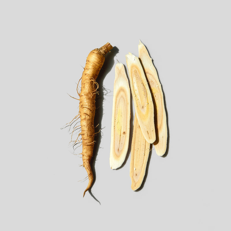 Ginseng root and sliced pieces on a gray background